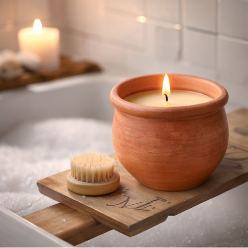 terracotta candle in bathroom on wooden board