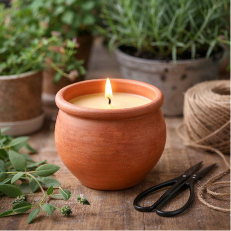 terracotta candles  with plants and natural elements.