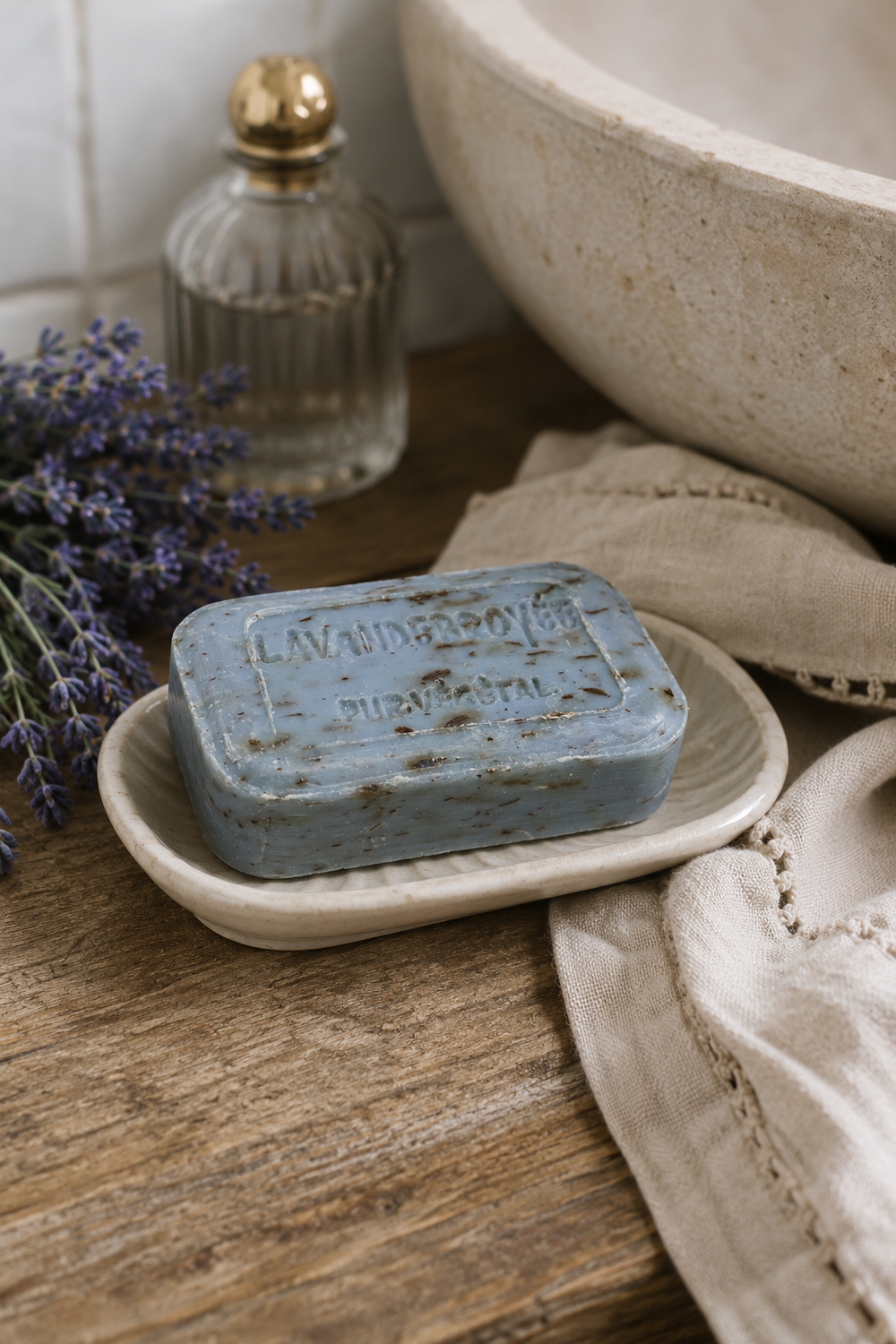 Handmade French lavender soap bar with crushed lavender
