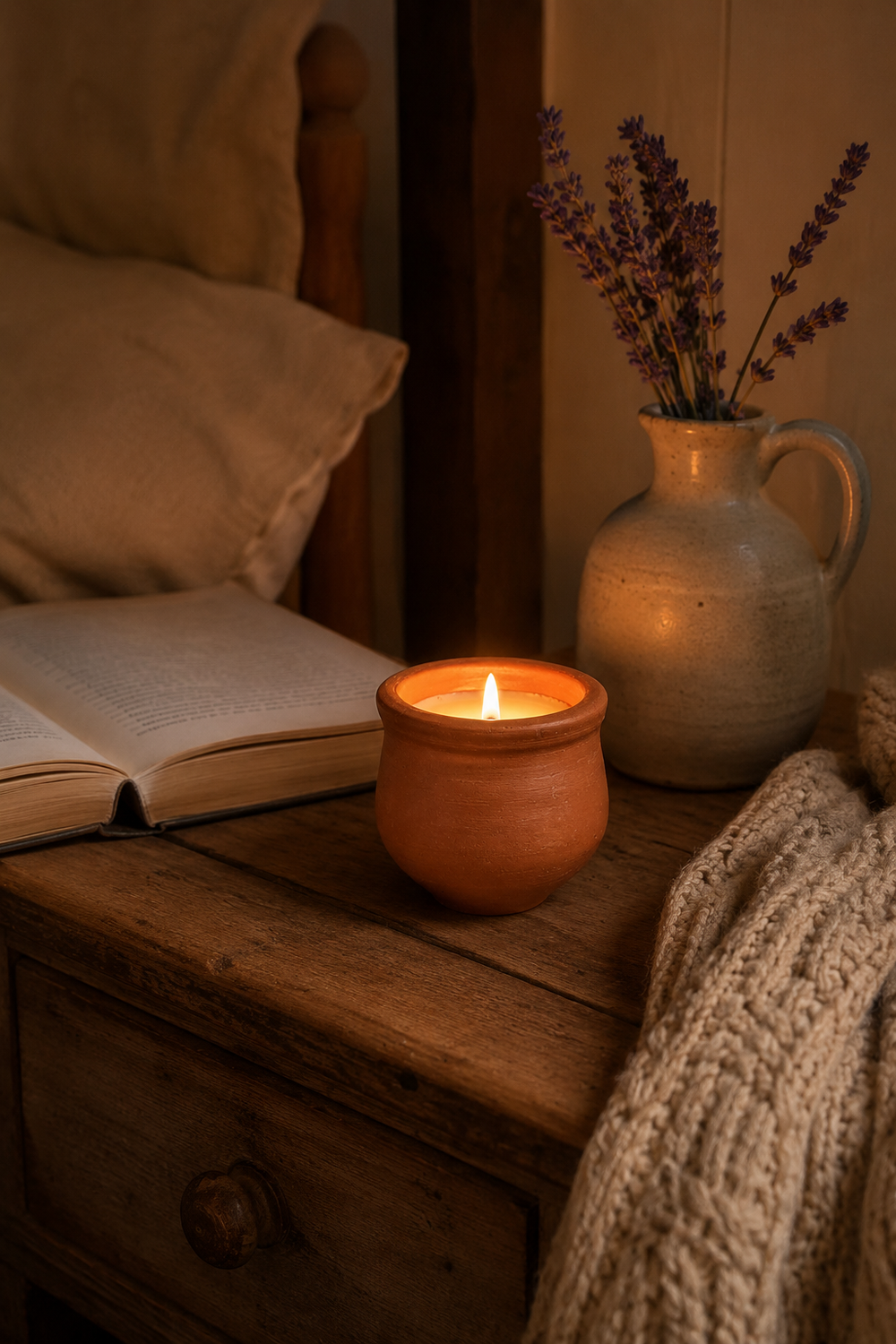 Candle in a terracotta holder on a wooden surface with an open book and a vase of lavender in the background.
