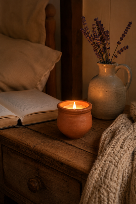 Candle in a terracotta holder on a wooden surface with an open book and a vase of lavender in the background.