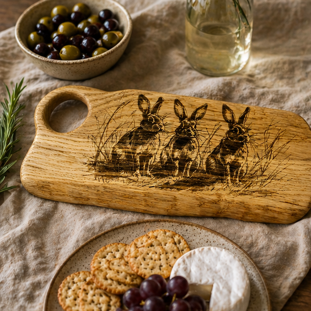 Handmade Oak charcuterie board with rabbit design on a table setting with food.