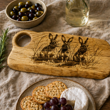 Handmade Oak charcuterie board with rabbit design on a table setting with food.