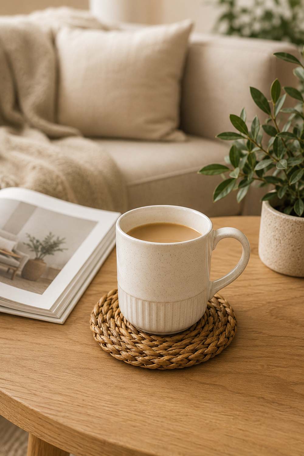 Handmade Seagrass Coaster with a White mug with coffee on a wooden table with a magazine and plant in the background