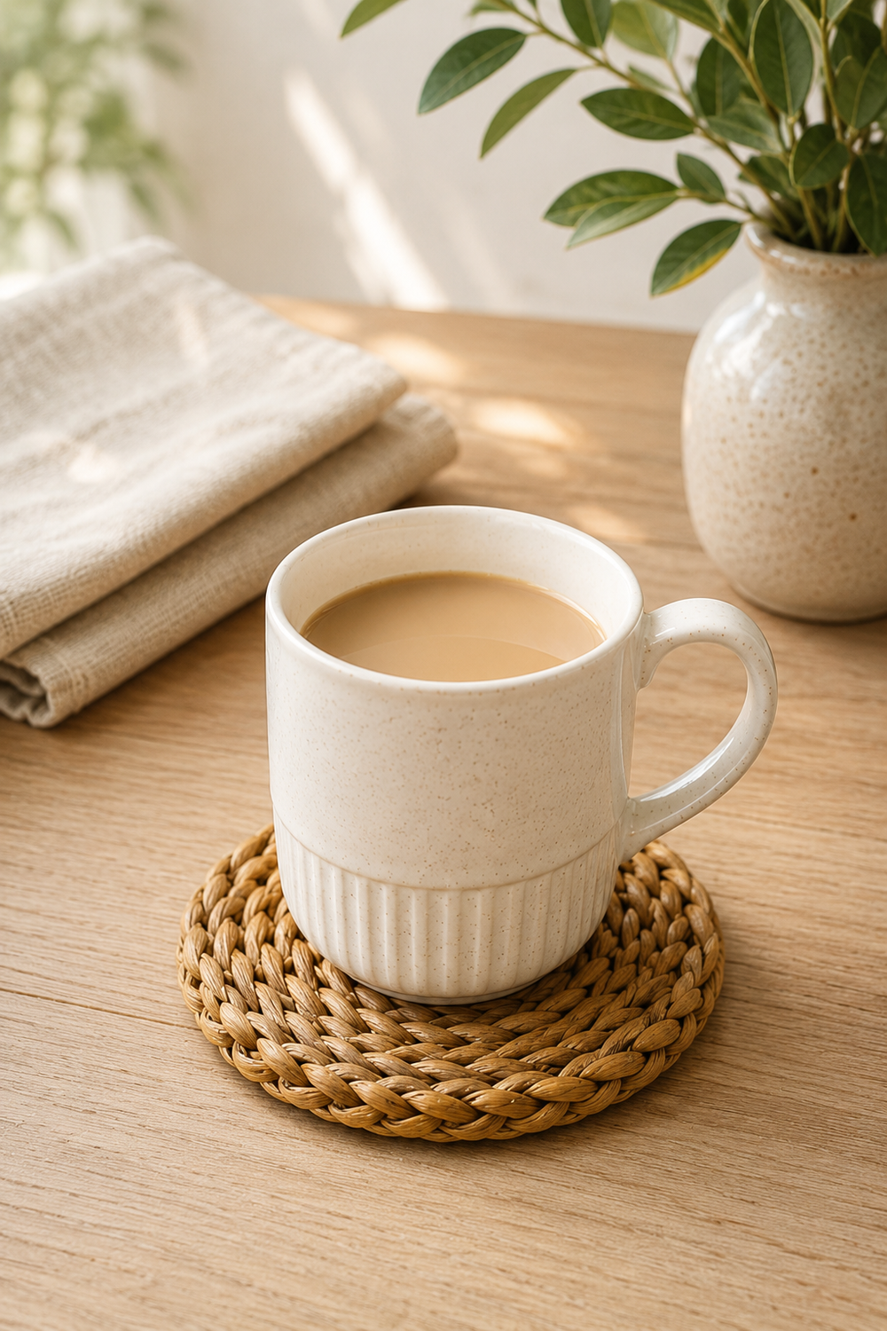 White mug with coffee on a woven coaster on a wooden table with a plant in the background