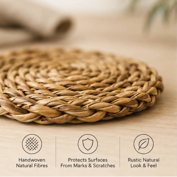 Woven mat on a wooden surface with icons and text highlighting features.