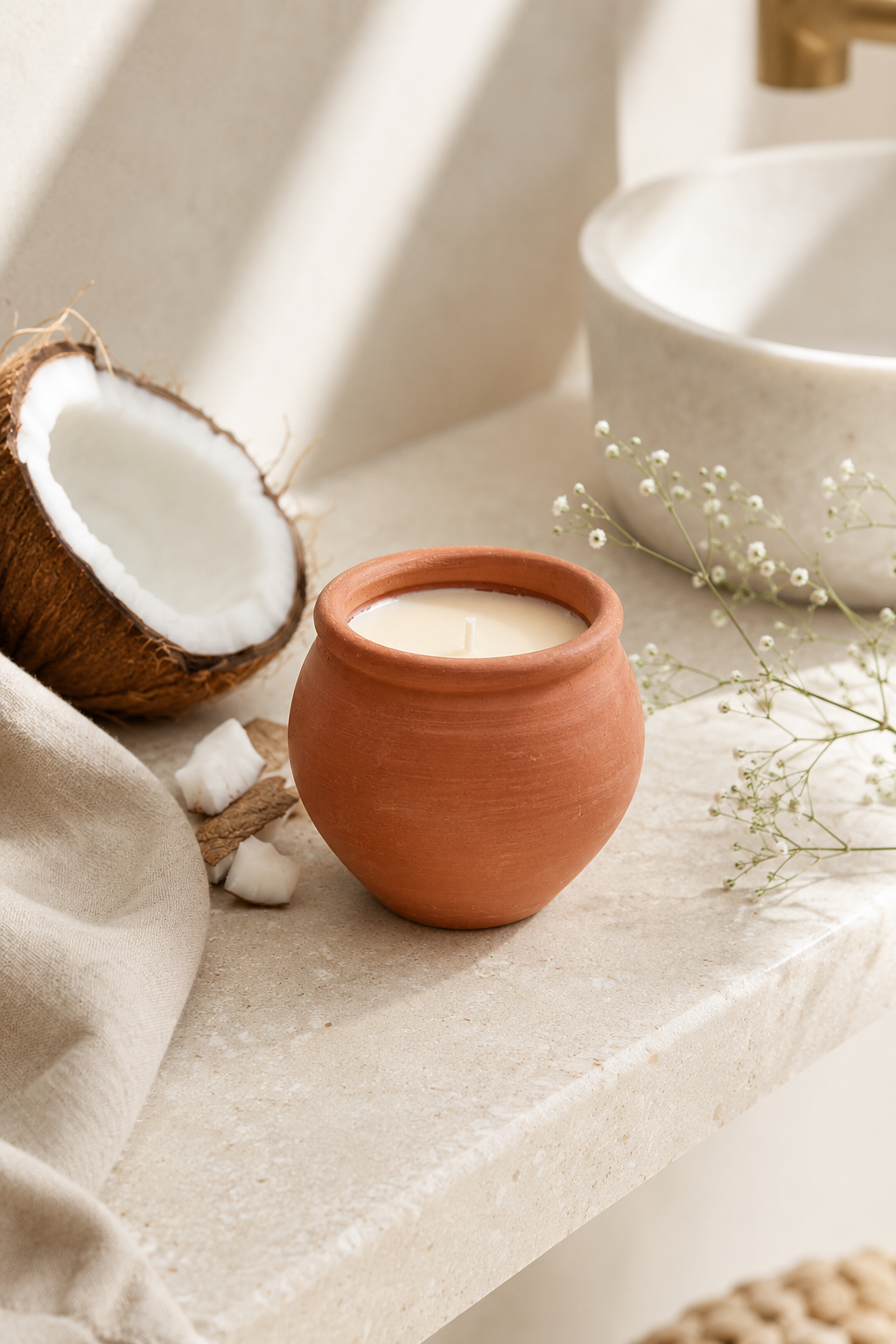 Terracotta candle in a natural setting with a coconut and flowers. Handmade Terracotta Candle – Deepti Coconut Scented
