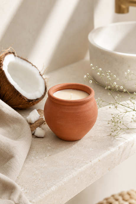 Terracotta candle in a natural setting with a coconut and flowers. Handmade Terracotta Candle – Deepti Coconut Scented