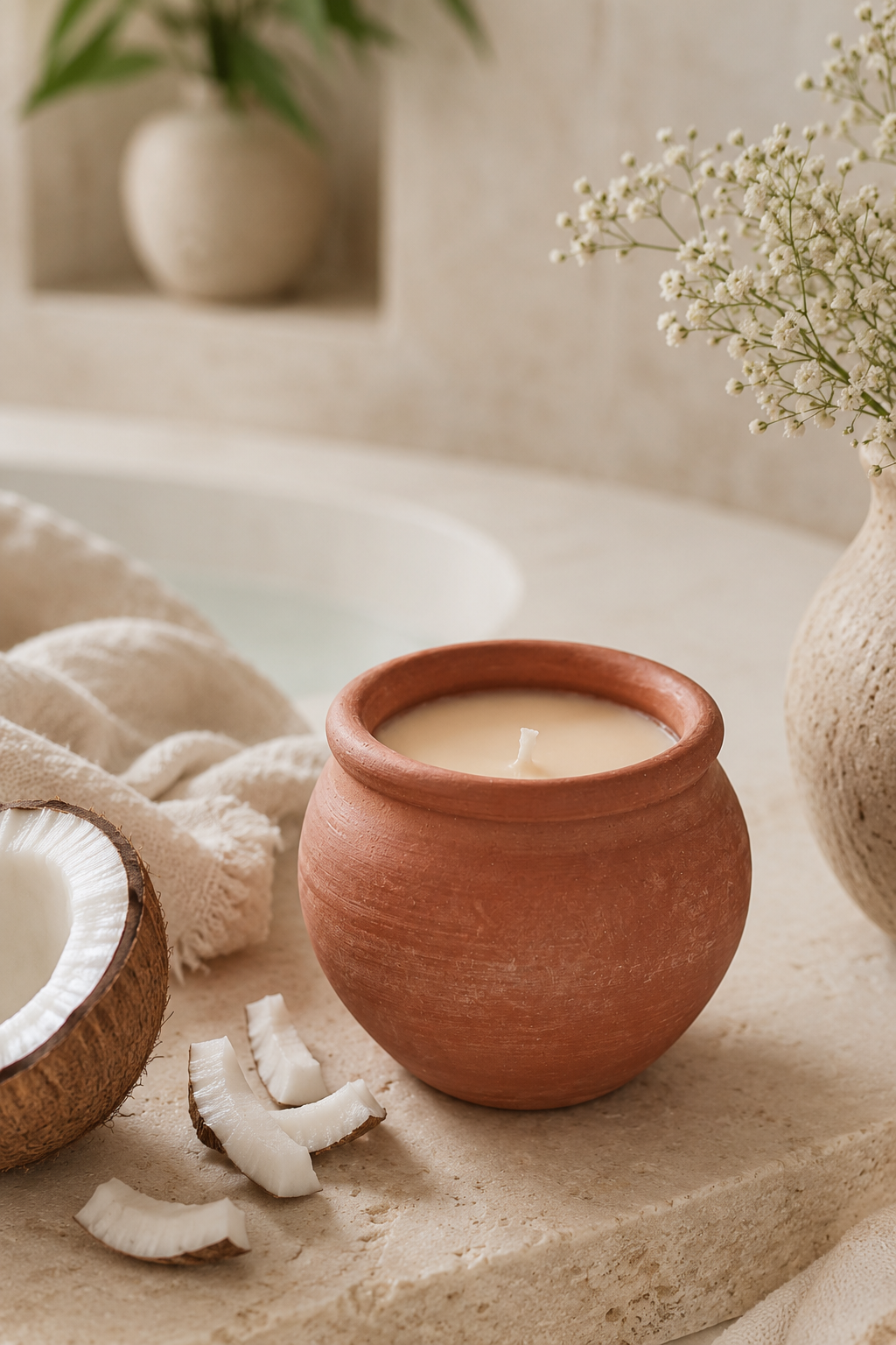 Terracotta pot candle with coconut on the side of a bath