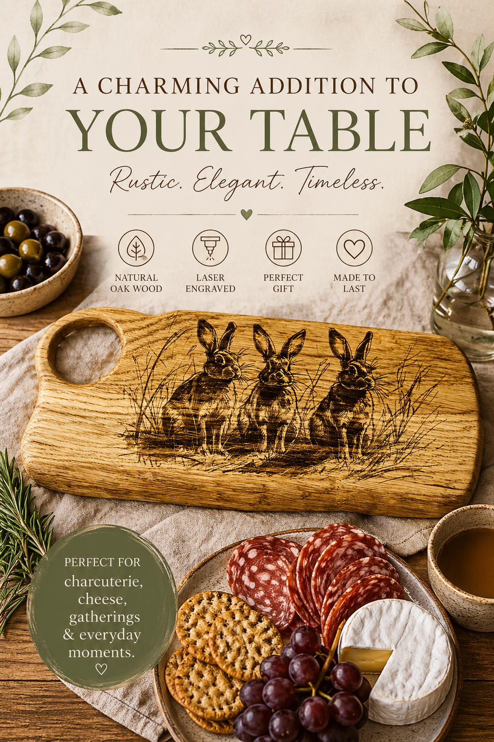 Handmade from Oak Charcuterie board with rabbit engraving on a table setting with food.