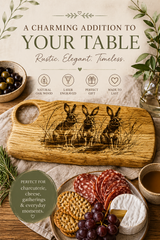 Handmade from Oak Charcuterie board with rabbit engraving on a table setting with food.