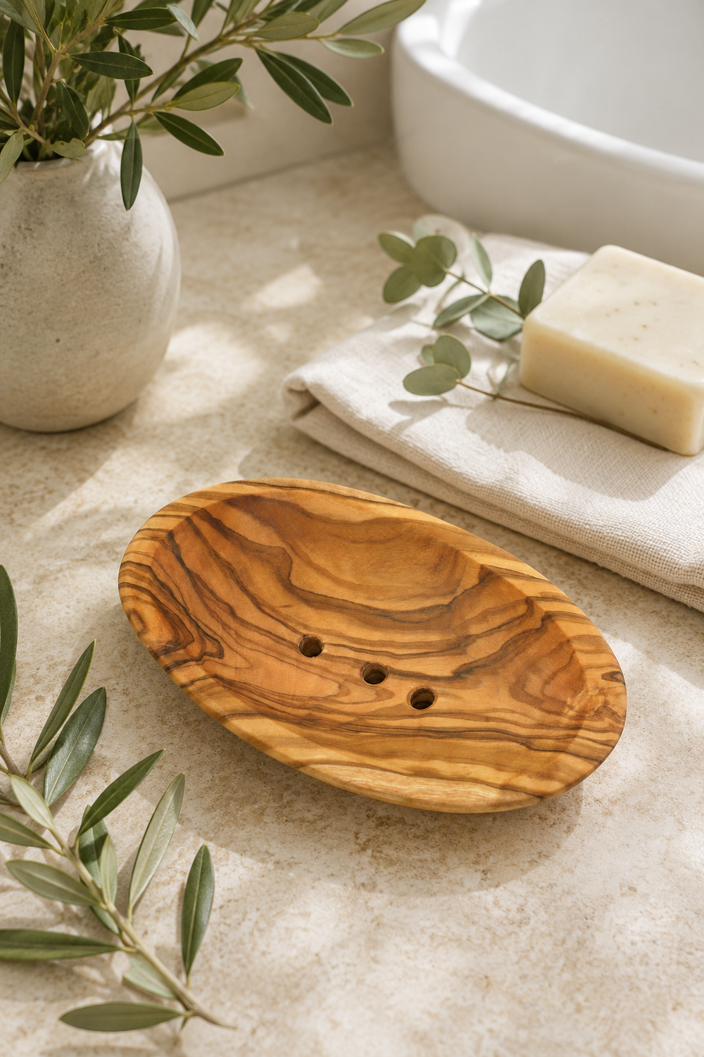 Handmade oval olive wood soap dish for bathroom sink