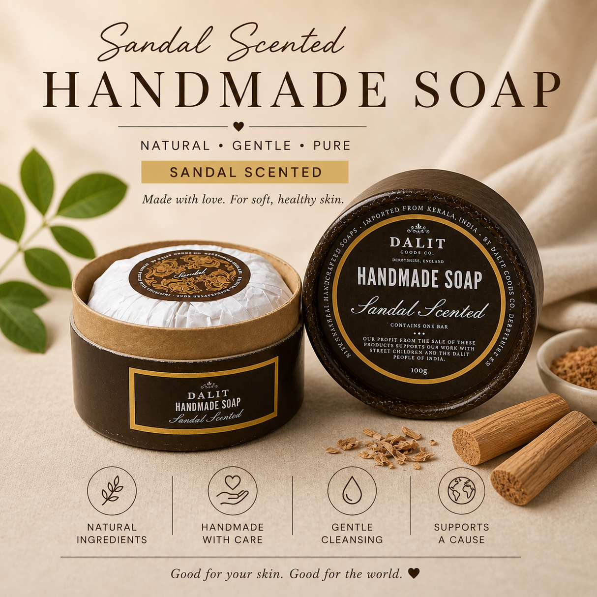 Handmade soap candle scented with Dalit branding on a beige background