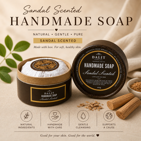 Handmade soap candle scented with Dalit branding on a beige background