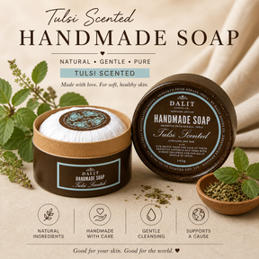 Handmade soap with tulsi scent, shown in a container and on a surface with tulsi leaves.