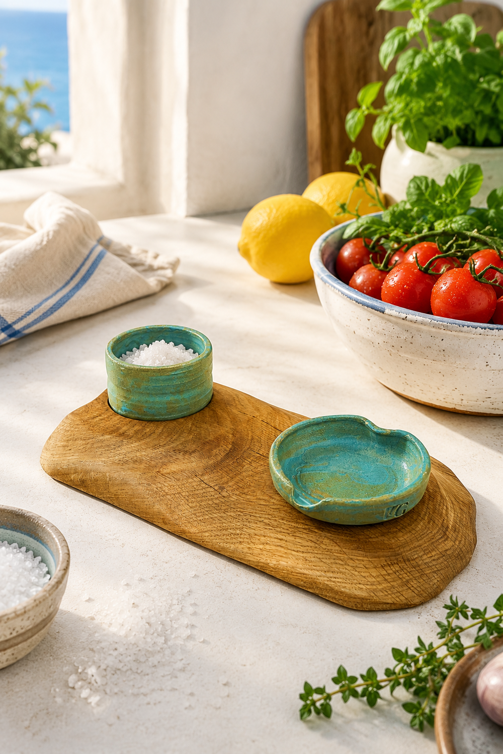 Handmade wooden spoon rest and salt pot set