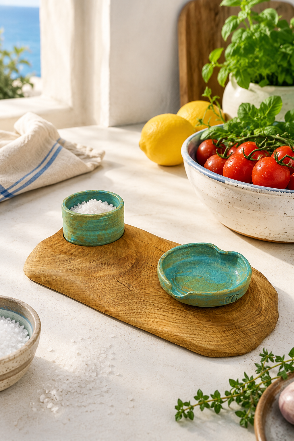 Handmade wooden spoon rest and salt pot set