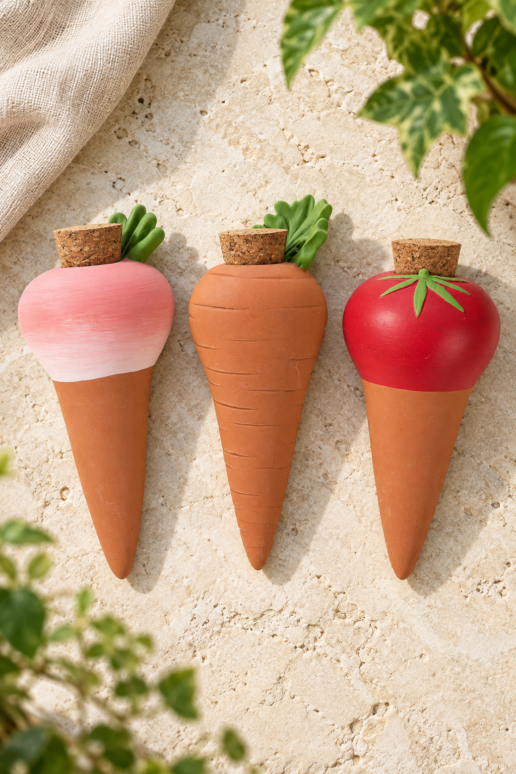 Terracotta Watering Spikes – Vegetable Designs, Set of 3