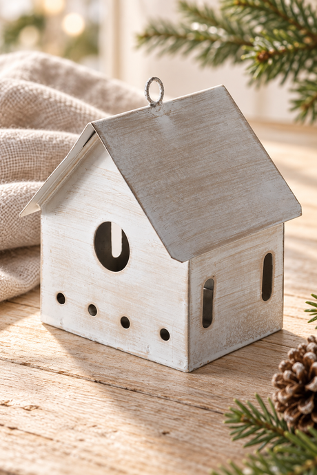 A small decorative house-shaped ornament with a weathered white and gray finish, featuring cutout windows and a hanging loop, styled on a wooden surface with burlap, pine branches, and a pinecone.