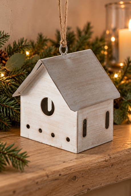 A small house-shaped hanging ornament with a weathered white body and gray roof, displayed on a wooden surface with evergreen branches and warm string lights in the background.