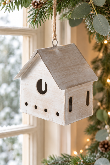 A small house-shaped metal hanging bird house ornament with a weathered light beige finish, hanging from a tree branch with evergreen needles and warm string lights in the background.