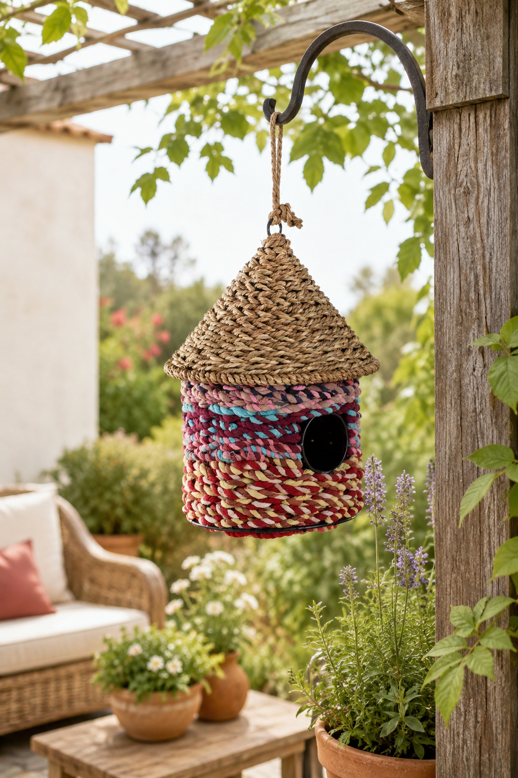 Colorful woven birdhouse hanging from a hook in an outdoor garden setting.