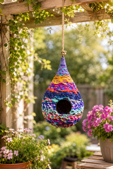 Colorful woven birdhouse hanging from a wooden pergola with flowers and greenery in the background.