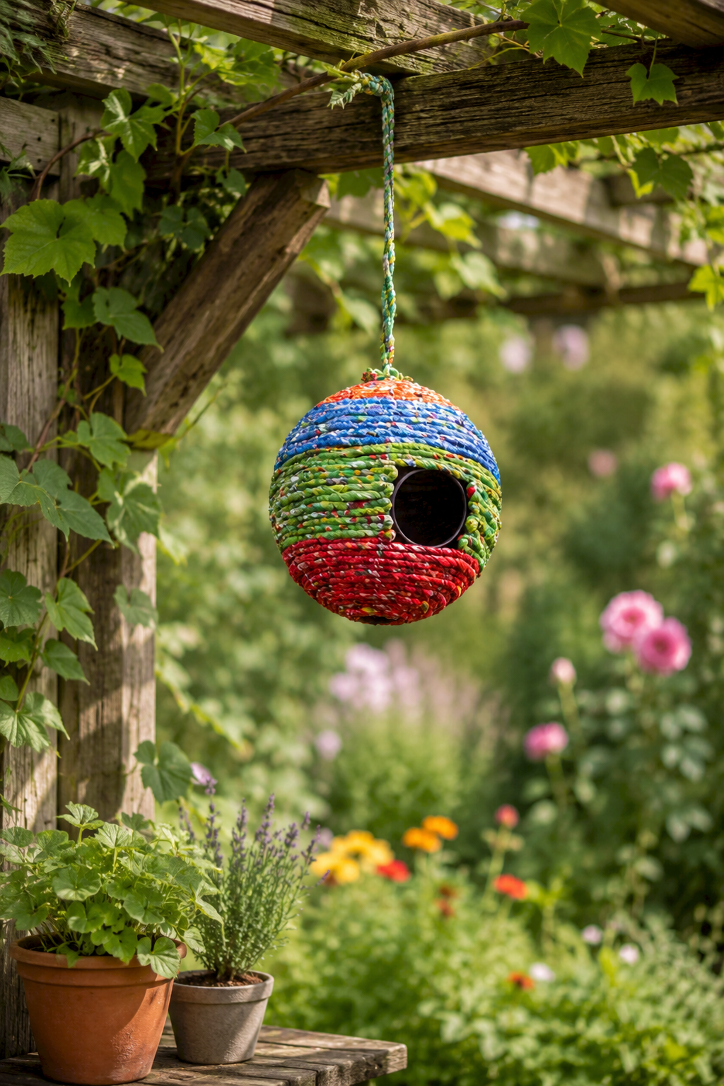 Colorful woven birdhouse hanging from a wooden pergola in a garden with plants and flowers.