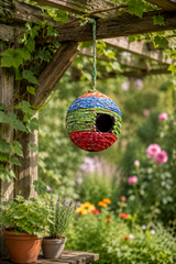 Colorful woven birdhouse hanging from a wooden pergola in a garden with plants and flowers.