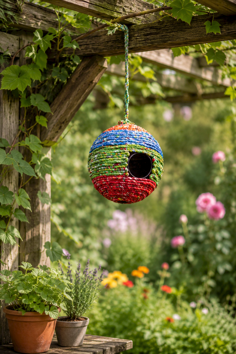 Colorful woven birdhouse hanging from a wooden pergola in a garden with plants and flowers.