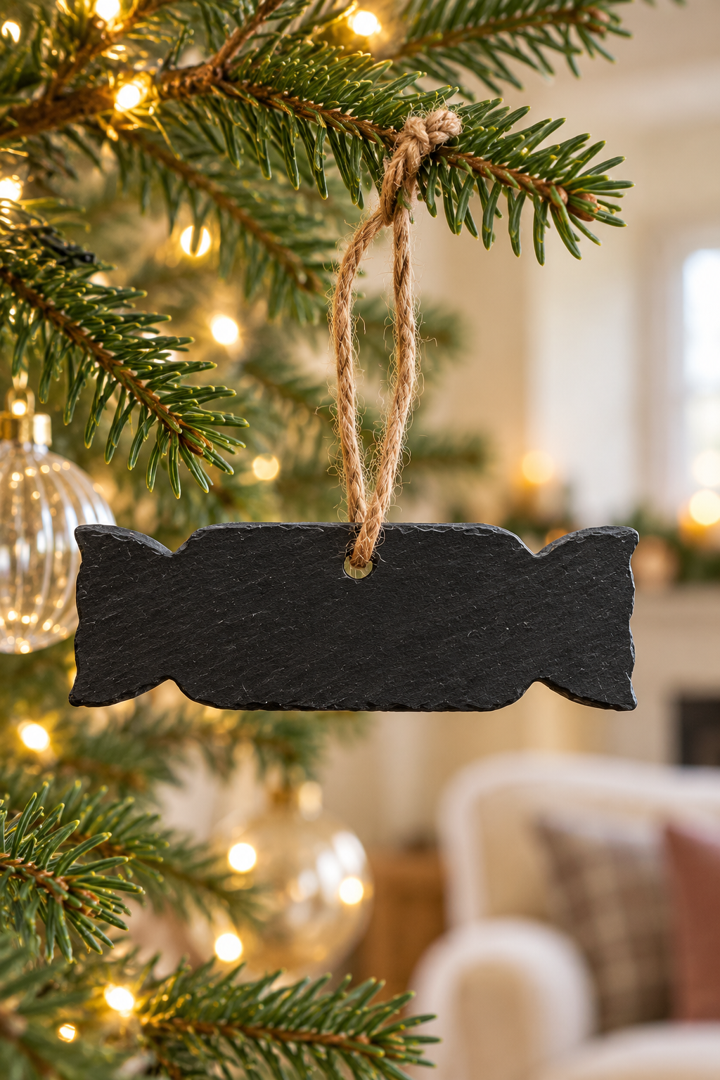 A black slate Christmas ornament shaped like a  Christmas Cracker, hanging from a natural jute twine loop on a decorated Christmas tree branch with warm lights.