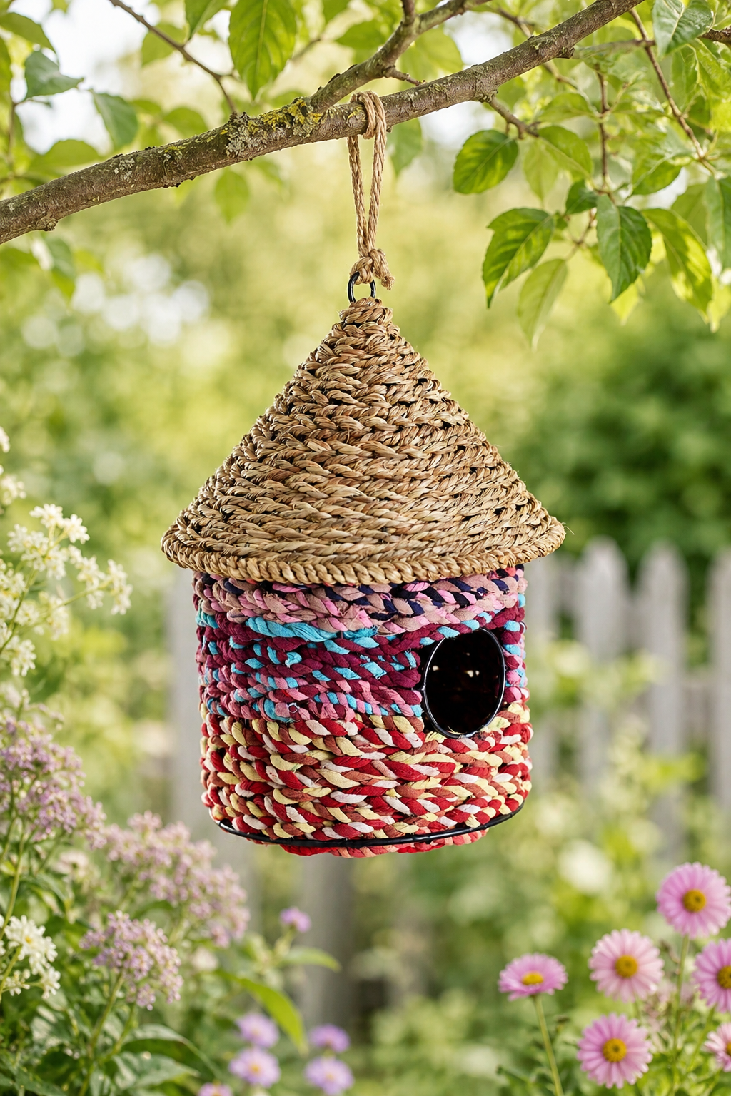 Woven birdhouse hanging from a branch with flowers and greenery in the background