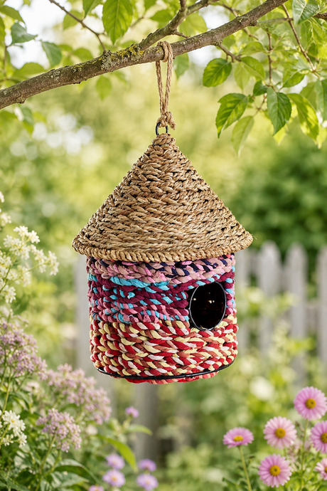 Woven birdhouse hanging from a branch with flowers and greenery in the background