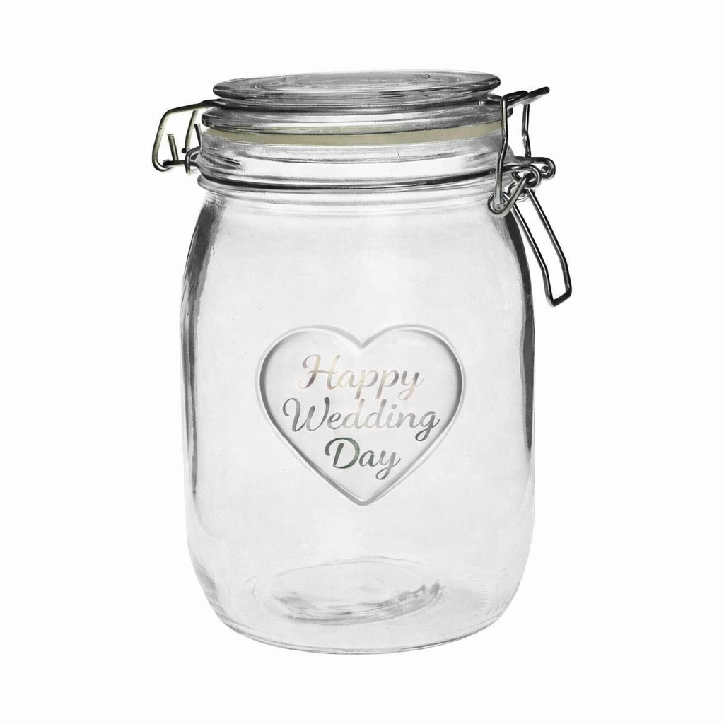 Clear glass jar with 'Happy Wedding Day' engraving on a white background