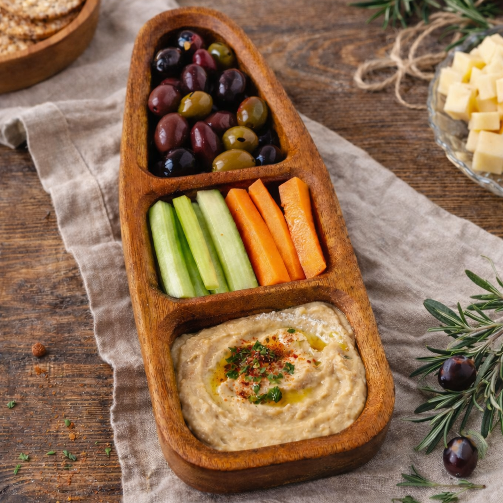 Wooden appetizer tray with hummus, olives, carrots, and celery on a wooden table.