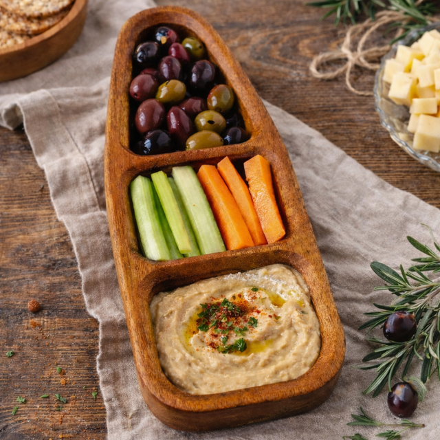 Wooden appetizer tray with hummus, olives, carrots, and celery on a wooden table.