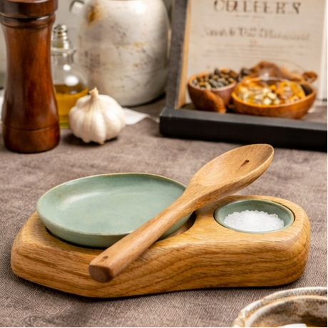  a wooden tray with ceramic bowls and wooden spoons on a kitchen counter.