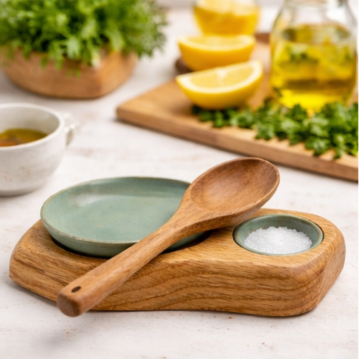  a wooden tray with ceramic bowls and wooden spoons on a kitchen counter.