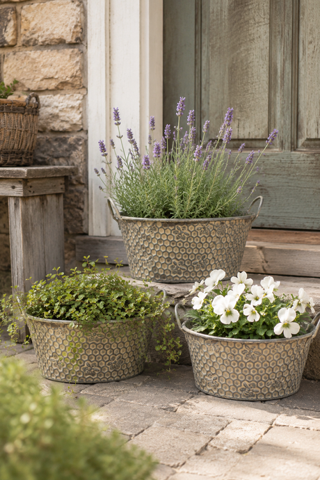 Three patterned metal planters with plants on a stone patio. Hawthorn Honeycomb Planters – Set of 3