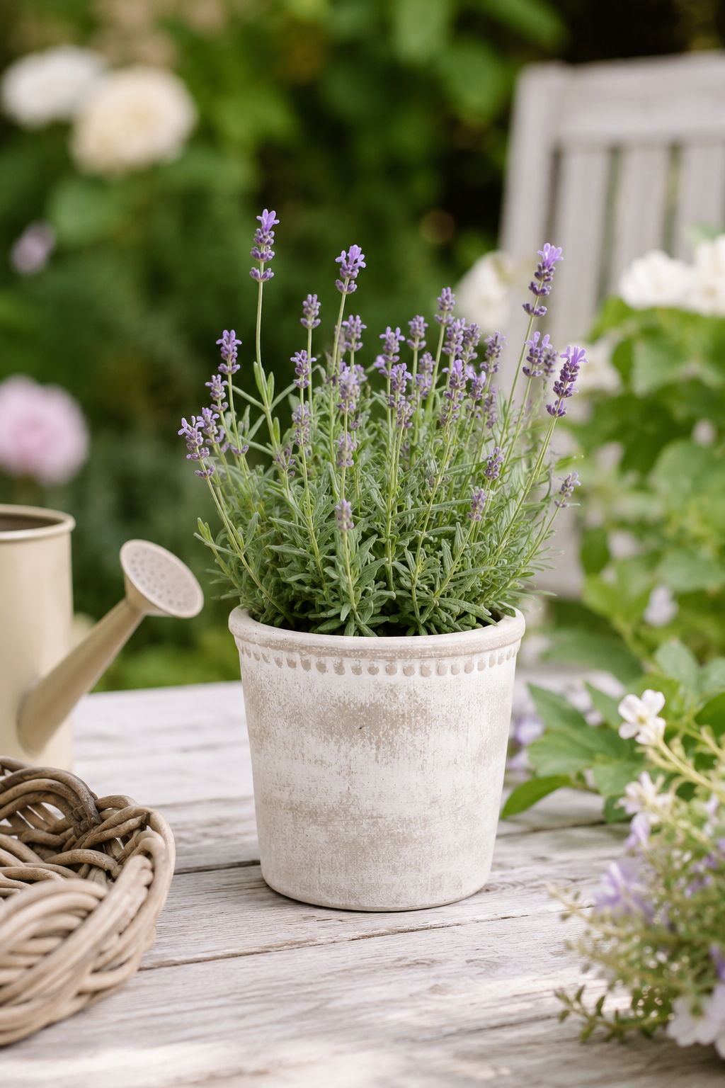 Potted lavender plant  in a white washed terracotta plant pot on a wooden table with a blurred garden background