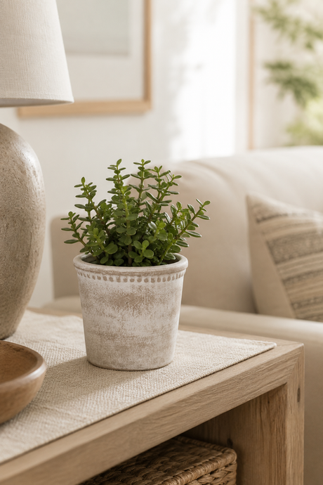 Potted plant in a white washed terracotta pot with beaded edging on a wooden coffee table in a living room setting