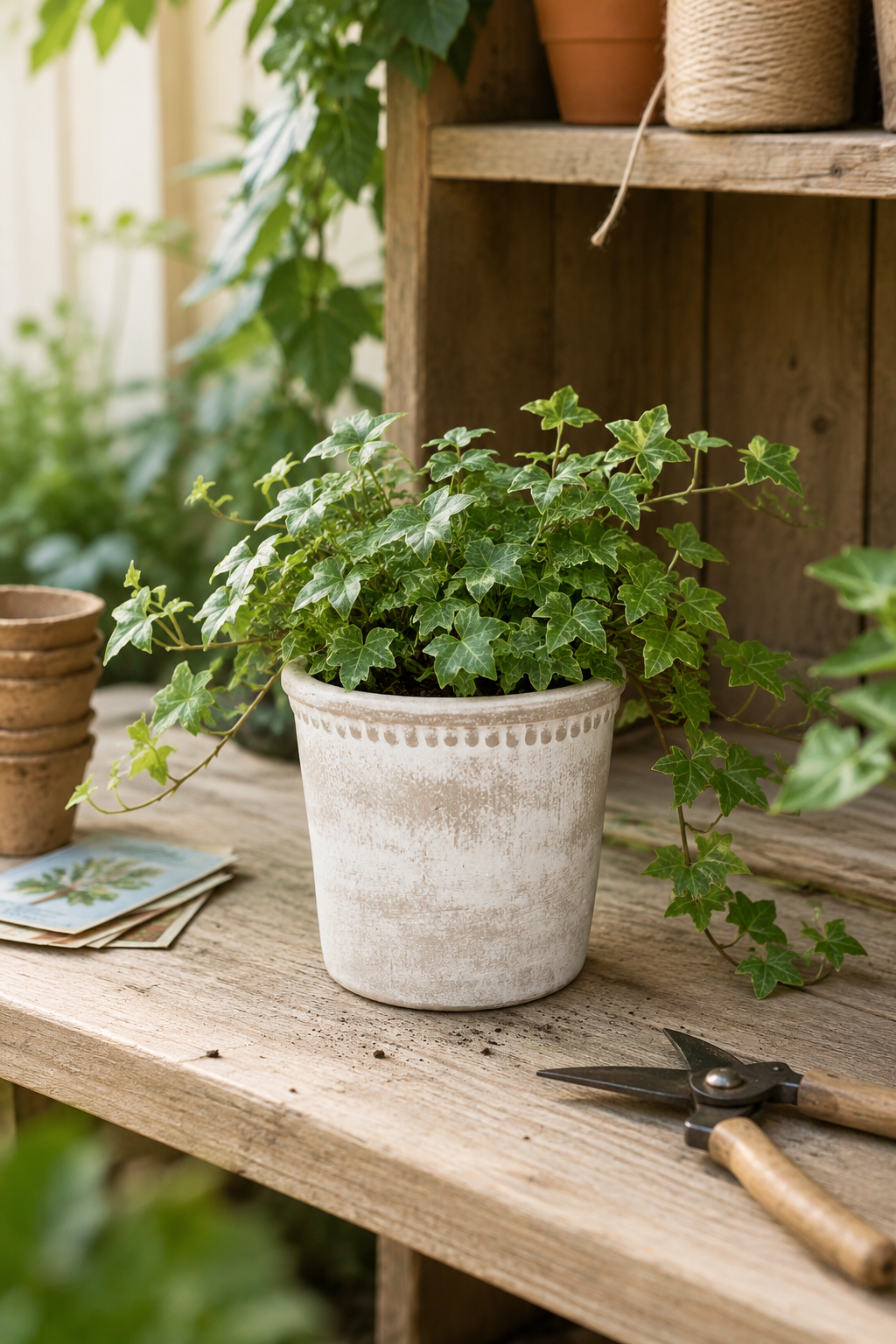 Potted Ivy plant in a white washed terracotta pot with beaded edging on a wooden surface with gardening tools and a rustic background