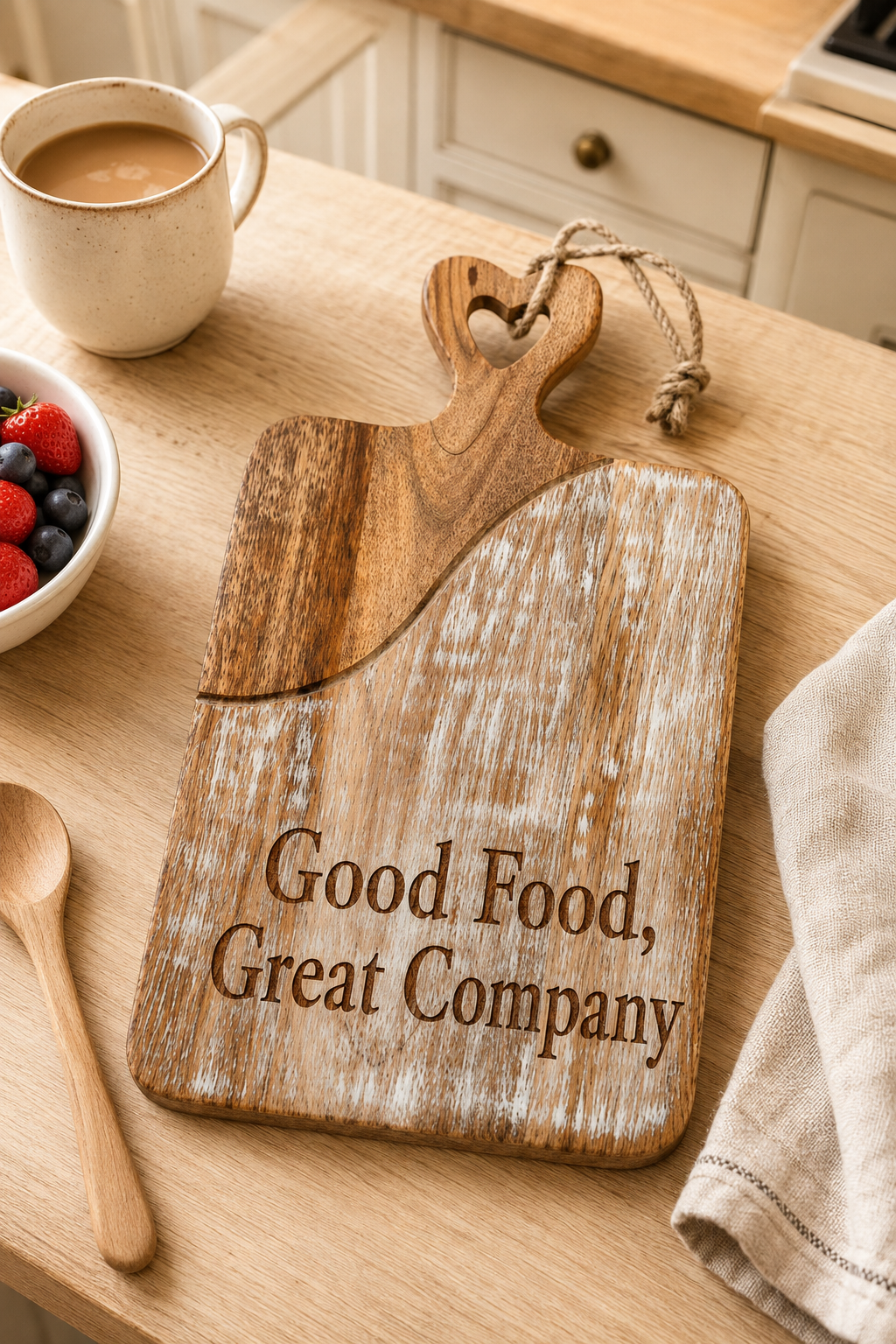 A rustic wooden cutting board with a heart-shaped handle and the engraved phrase 'Good Food, Great Company' sits on a light wood kitchen table. A cup of coffee, a bowl of berries, a wooden spoon, and a folded cloth are arranged around it in a warm kitchen setting.