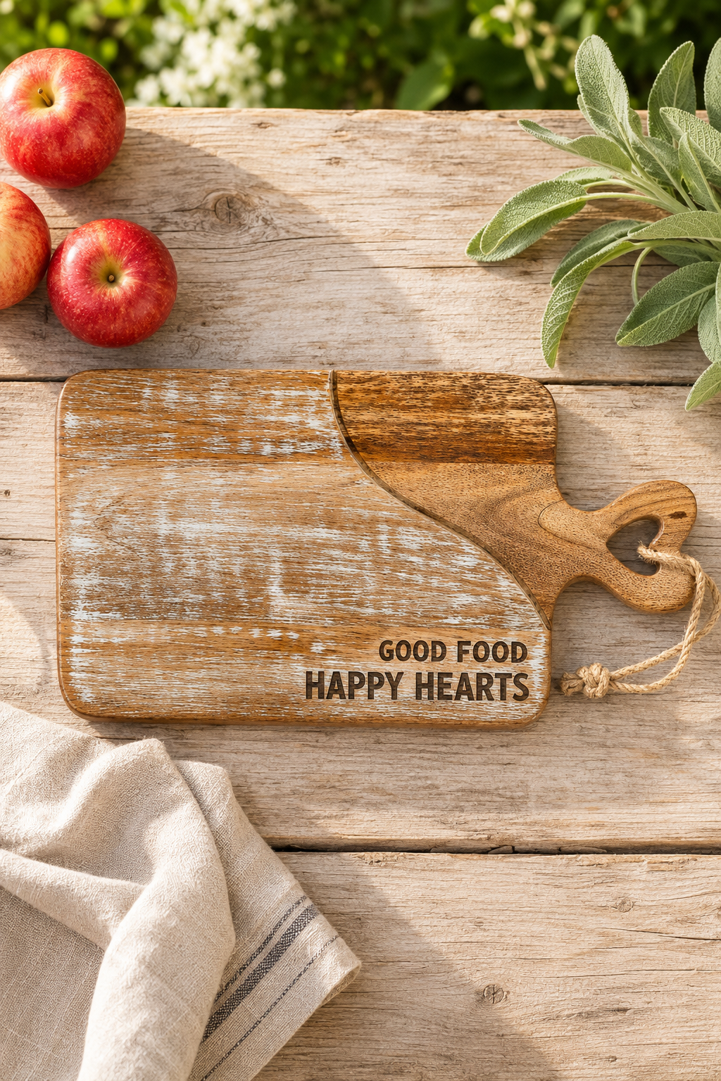 A rustic wooden serving board with a heart-shaped handle and the engraved words 'GOOD FOOD HAPPY HEARTS,' styled on a weathered wood surface with apples, sage leaves, and a cloth napkin.