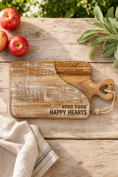 A rustic wooden serving board with a heart-shaped handle and the engraved words 'GOOD FOOD HAPPY HEARTS,' styled on a weathered wood surface with apples, sage leaves, and a cloth napkin.