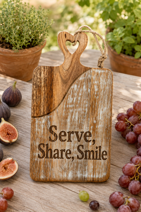 A rustic wooden serving board with a heart-shaped handle and the engraved words 'Serve, Share, Smile,' displayed on a wooden table with grapes, figs, and potted plants in the background.