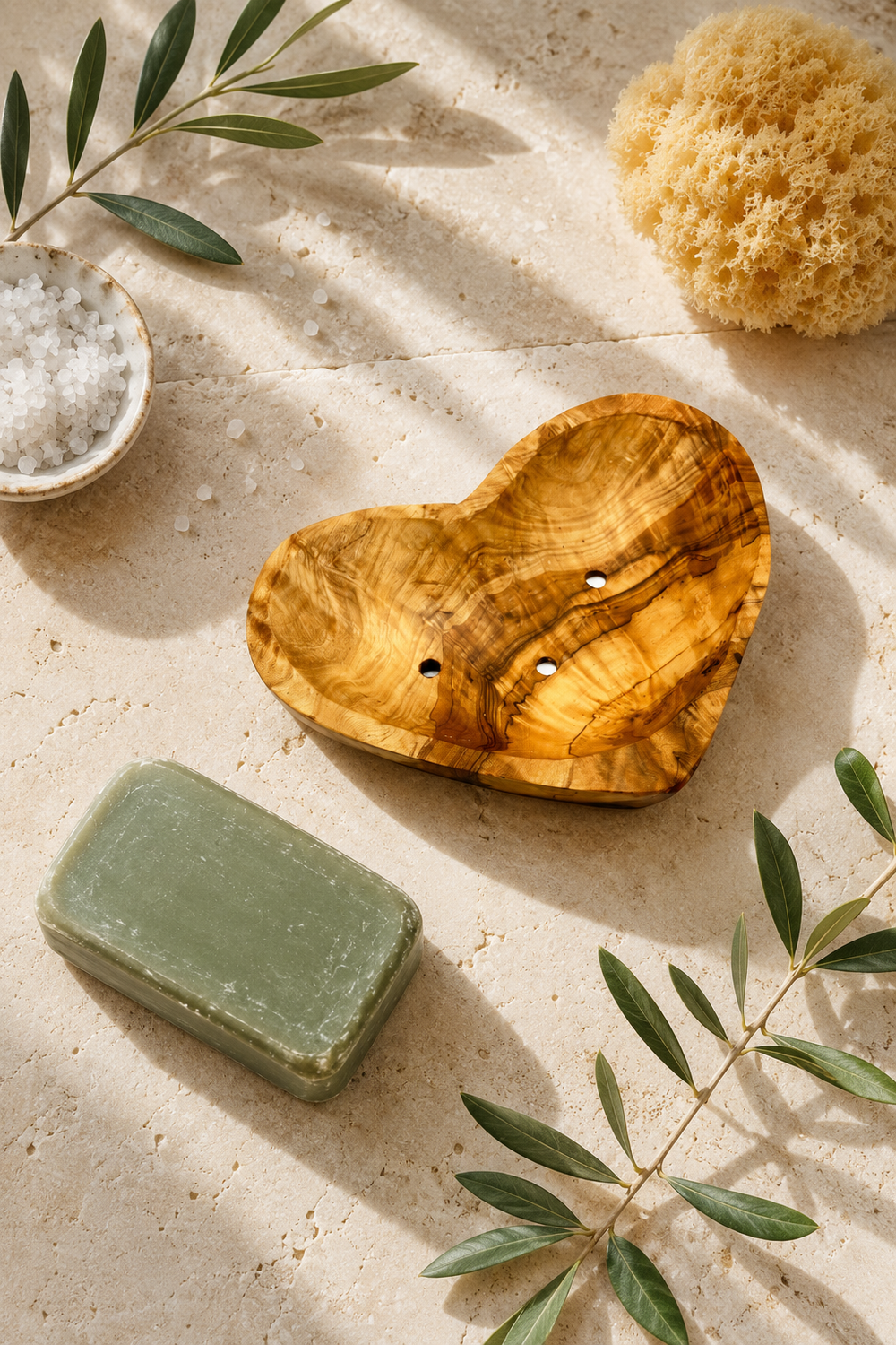 Heart-shaped wooden soap dish for bathroom sink
