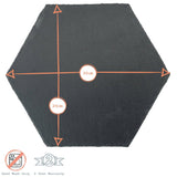 Hexagonal slate placemat with measurements and care instructions on a white background