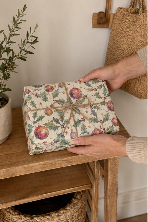 A wrapped rectangular gift box with a vintage holly and bauble print wrapping paper sits on a wooden shelf, held by two hands. The scene is styled with a potted olive branch and a woven jute bag in a warm, neutral indoor setting.