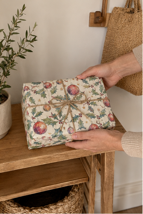 A wrapped rectangular gift box with a vintage holly and bauble print wrapping paper sits on a wooden shelf, held by two hands. The scene is styled with a potted olive branch and a woven jute bag in a warm, neutral indoor setting.
